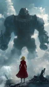 Lone wanderer calmly greets a towering mech in the clouds