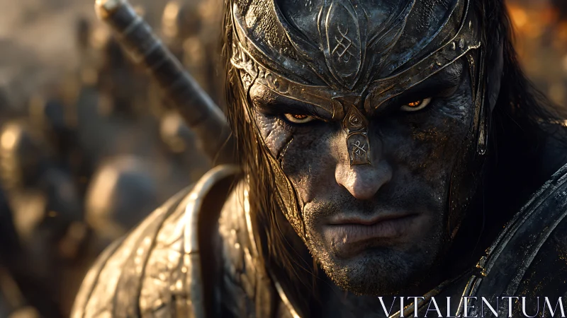 Armored warrior close-up in battle-ready fantasy setting.