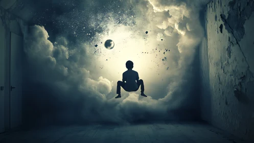 Surreal interior cosmos with levitating child silhouette portal.