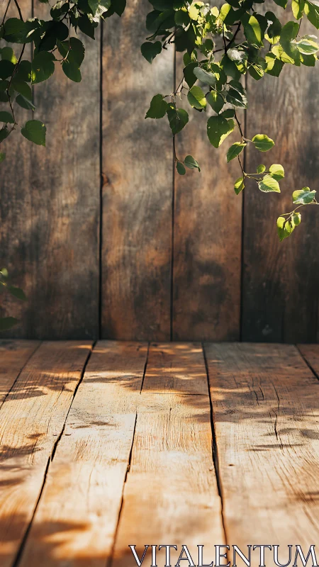Sunlit leaves paint dancing shadows across rustic planks