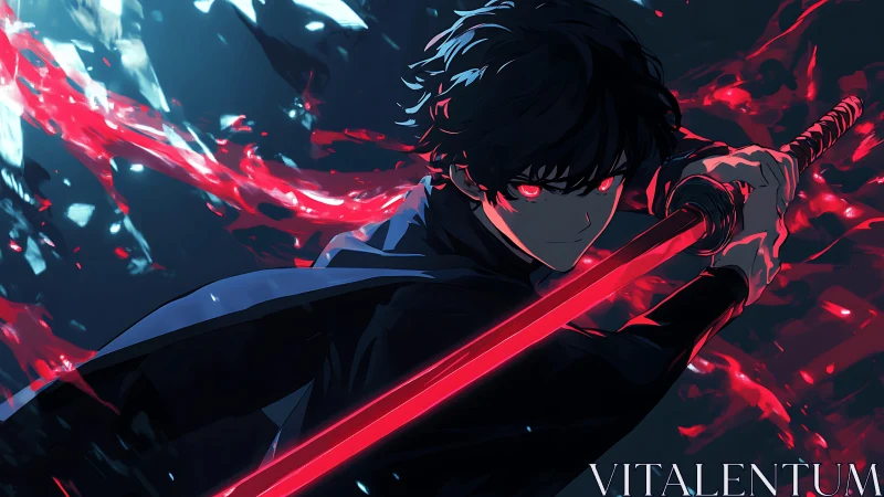 Dark haired swordsman with glowing red blade in motion.