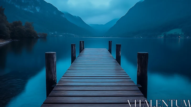 Mountain lake pier under moody blue twilight sky.