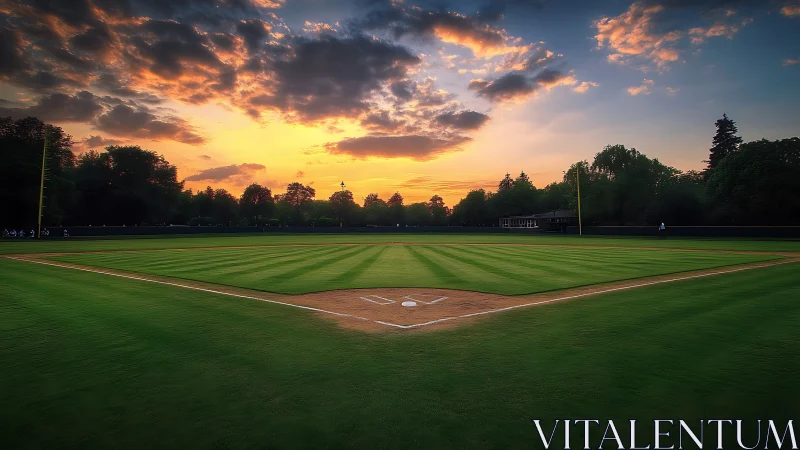 Sunlit baseball diamond glows quietly beneath a vivid sunset