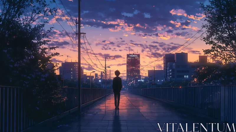 Silhouette stands on wet city bridge under vivid sunset sky