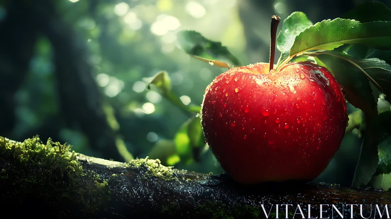 Red apple with water droplets rests on mossy tree branch