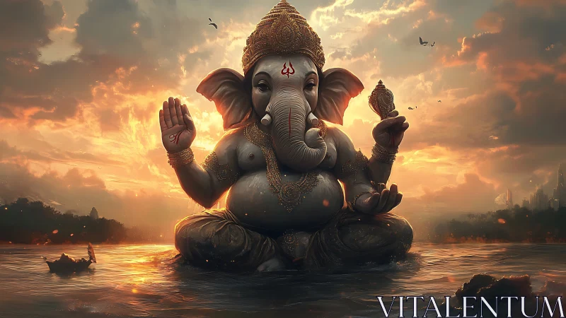 Golden sunset embraces serene Ganesha statue over water