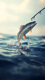 Fish jumps from choppy blue water toward fishing rod hook