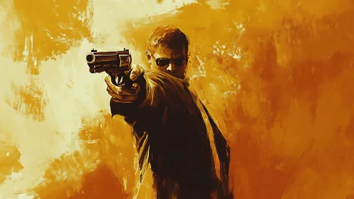 Gunman in sunglasses aims forward against blazing backdrop