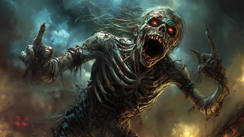 Undead demon scream under stormlit sky in dark wasteland.