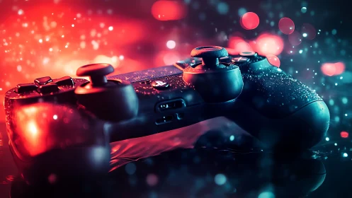 PlayStation controller closeup with neon red blue glow.