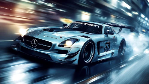 Silver race car powers through neon city night streets.