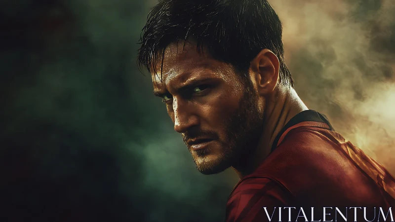 Intense male athlete portrait in dramatic smoky light.