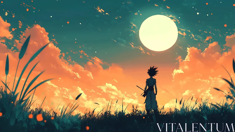 Silhouetted swordsman stands in tall grass under large moon