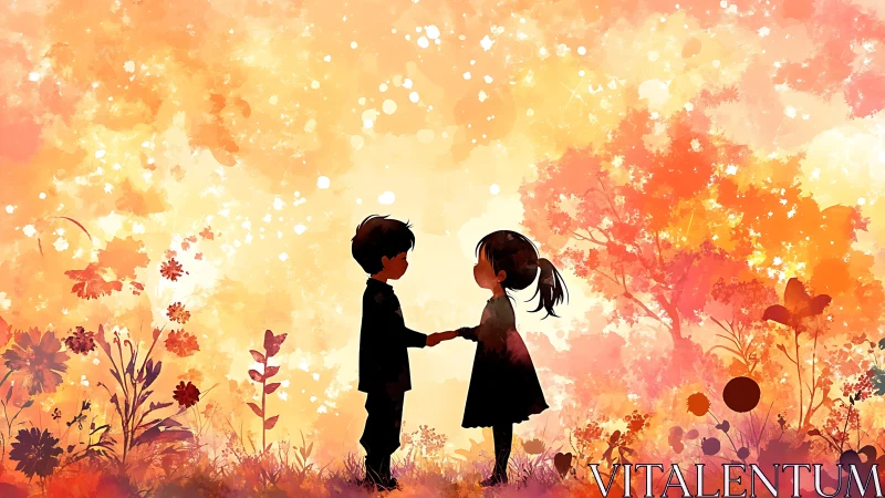 Two Silhouettes Hold Bloom: Love Blooms Within Autumn's Watercolor Embrace.