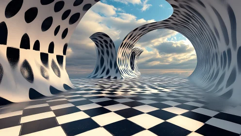 Surreal checkered tunnel waves under luminous skyscape.