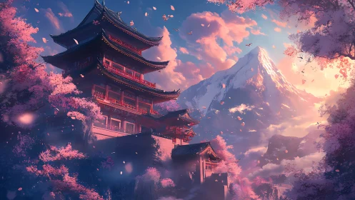 Cherry blossom pagoda beneath radiant alpine sunrise.