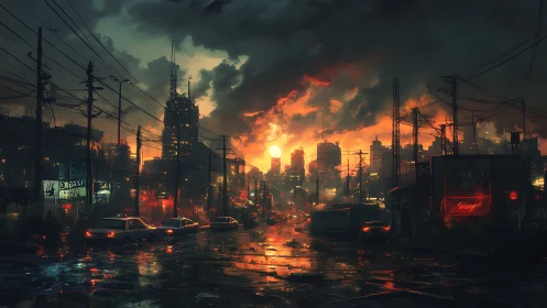 Neon rainstorm over rusted highways at burning dusk.