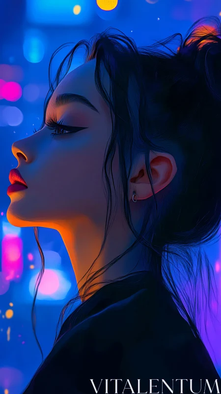 Neon-lit profile muse beneath electric midnight city glow.