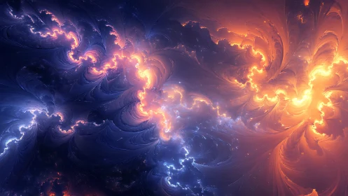 Fractal nebula flow in contrasting blue and orange light.