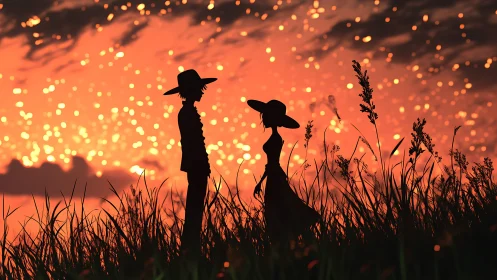 Soft silhouettes in a glittering ember-sky meadow at dusk.