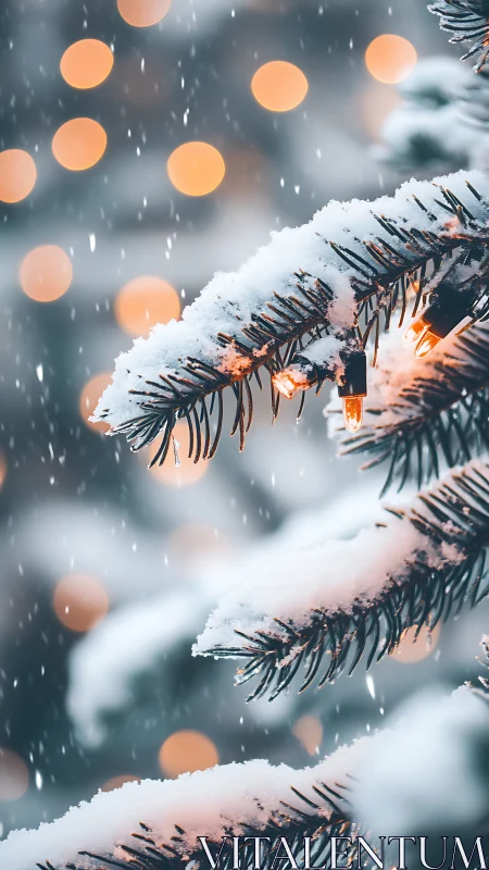 Snow covered fir branches with warm string lights in focus.