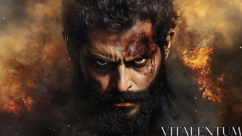 Smoldering warrior’s fierce stare burns through swirling fire