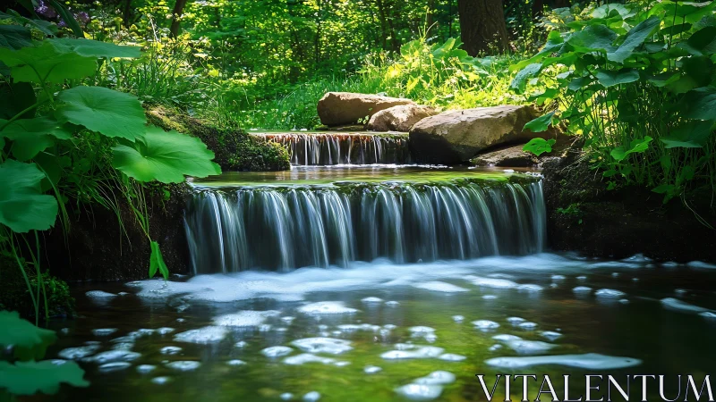 Shaded forest stream cascade with mossy rocks and foliage