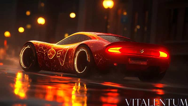Futuristic red hypercar on wet neon street at night, rear view