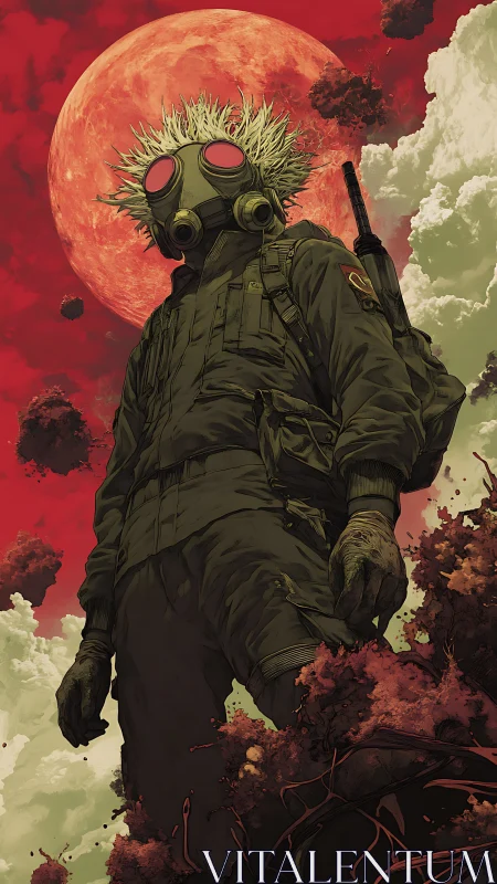 Gas-masked wanderer stands under red apocalyptic moon