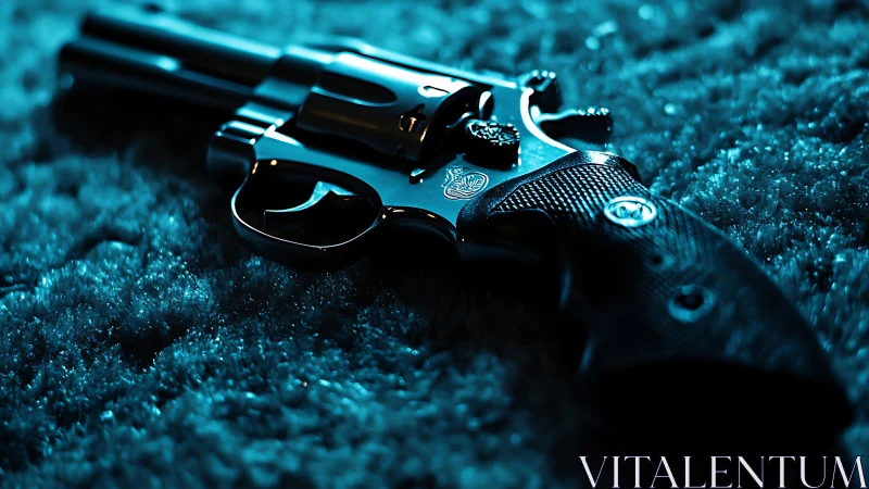 Gleaming revolver rests in cool blue light on soft carpet