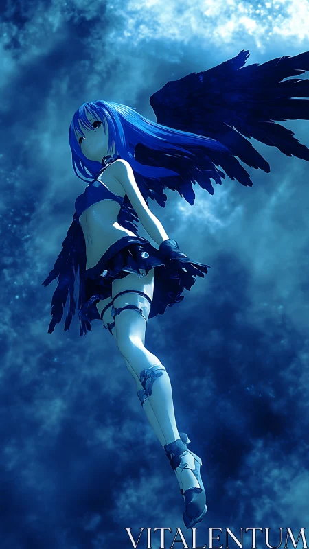 Blue-haired angelic warrior ascends through a stormy sky.