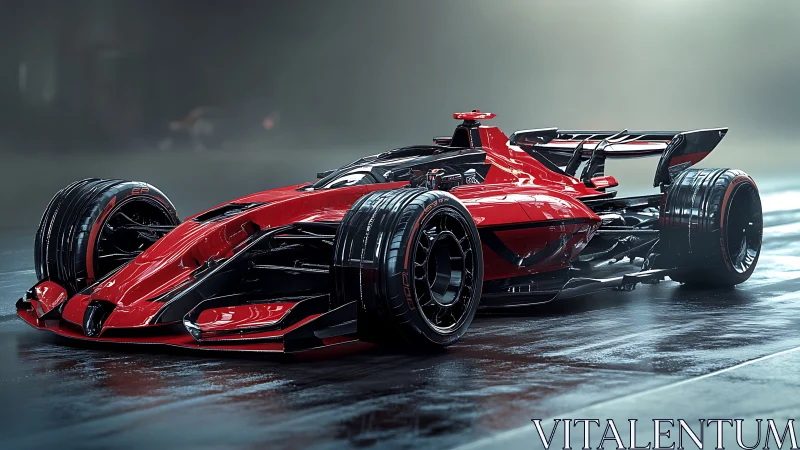 Futuristic red Formula race car on wet track at night.