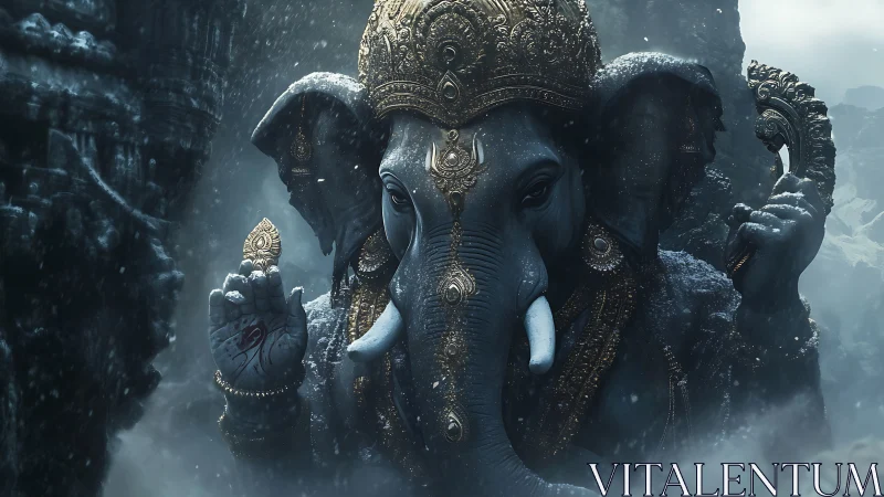 Majestic multi-armed elephant deity statue in icy mist.