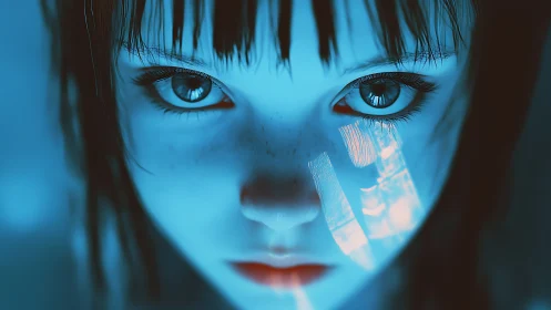 Cybernetic girl in blue bioluminescent close-up portrait gaze