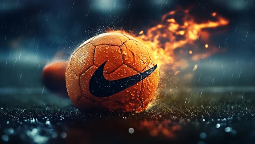 Wet orange soccer ball with flame trail on rainy field.