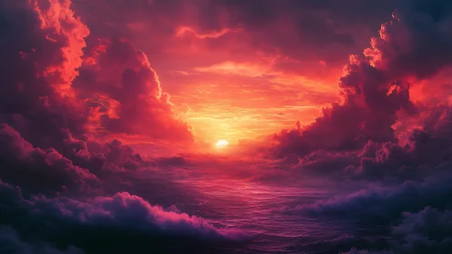 Sunset over ocean horizon with dense illuminated clouds.