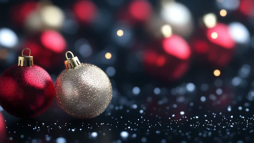 Specular holiday ornaments under shallow depth-of-field bokeh.