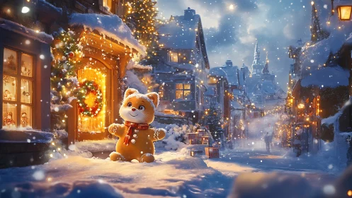 Cheerful plush kitten welcomes a cozy snowy Christmas street
