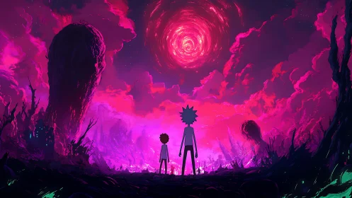 Two travelers gaze into a swirling neon alien sky.