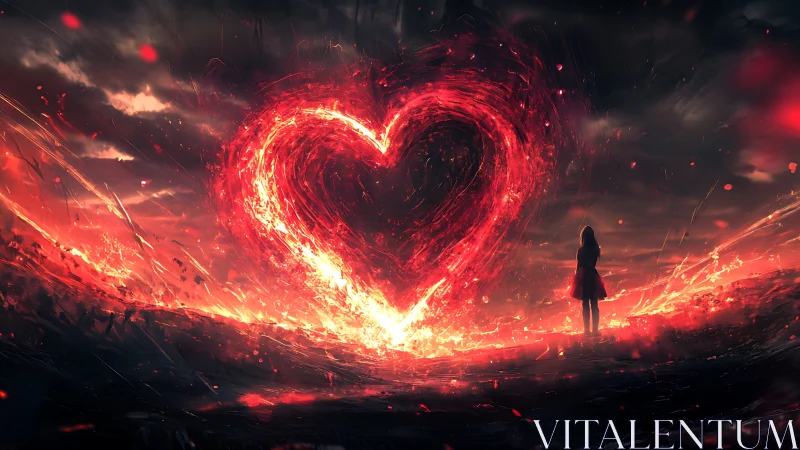 Silhouetted Figure Before Incandescent Heart Portal in Digital Inferno