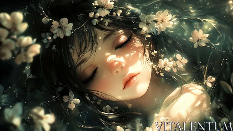 Sleeping female face with flowers immersed in soft water