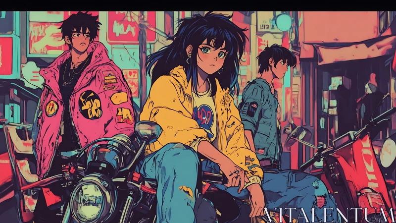 Neon-lit anime bikers dominate cyberpunk street intersection