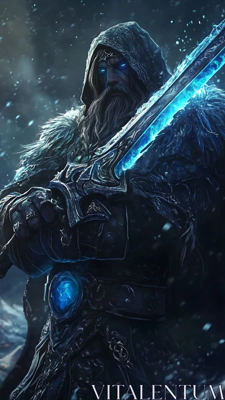 Hooded frost warrior holding glowing runed sword.