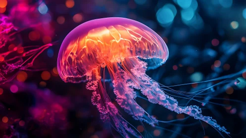Luminous jellyfish drifts through neon underwater glowscape.
