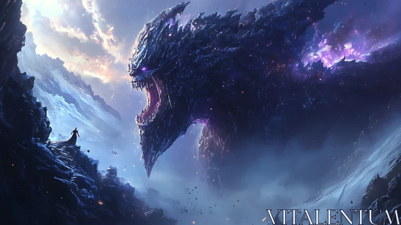 Colossal cosmic dragon confronting lone cloaked figure on ridge