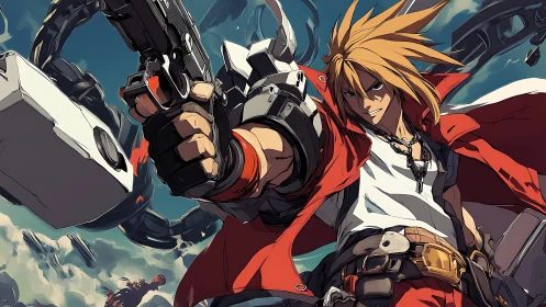Gun-wielding anime fighter with cybernetic arm in sky setting.