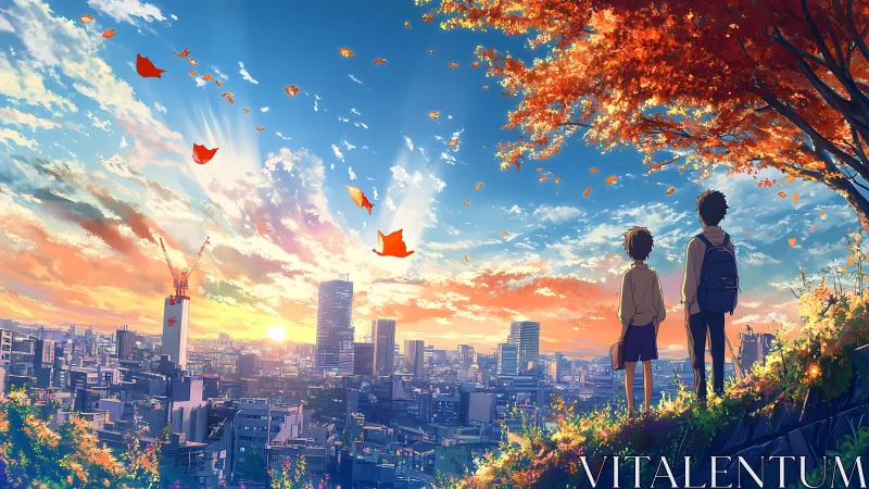 Autumn skyline daydream with two friends above the city.