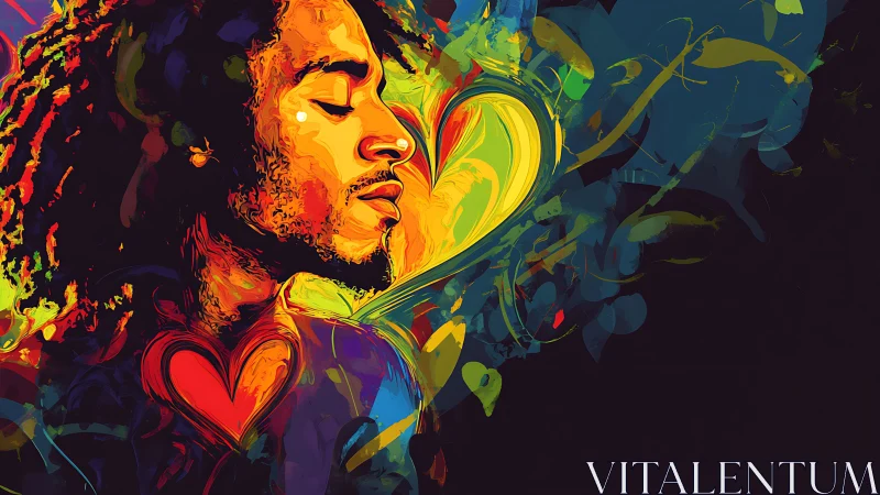 Vibrant portrait with abstract neon heart and swirling strokes.