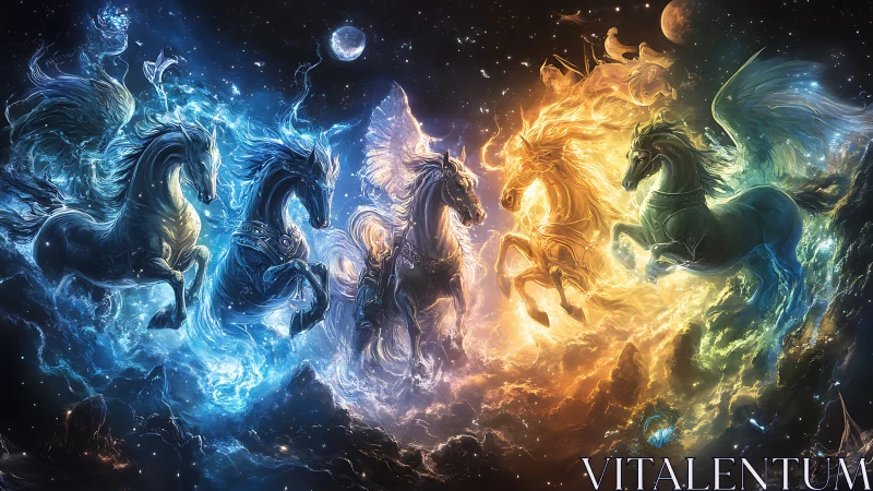 Celestial elemental steeds gallop through a swirling cosmos.