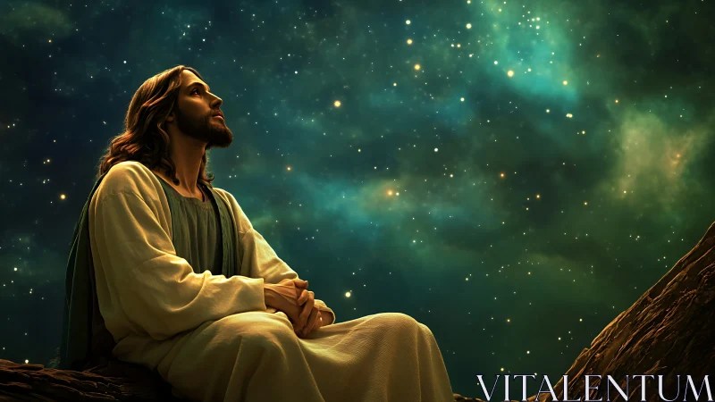 Contemplative robed figure gazes toward a glowing night sky.